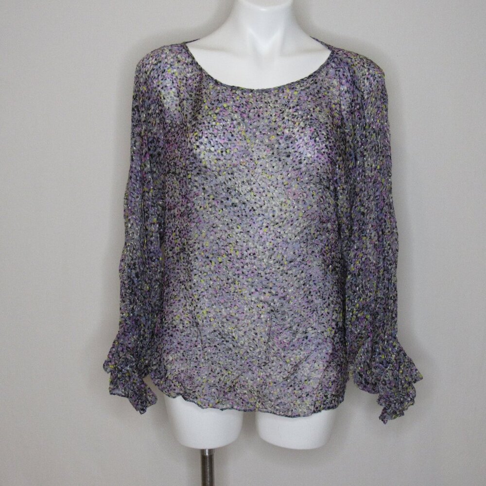 White House Black Market Purple Burnout Long Sleeve Sheer Blouse Women's L Large